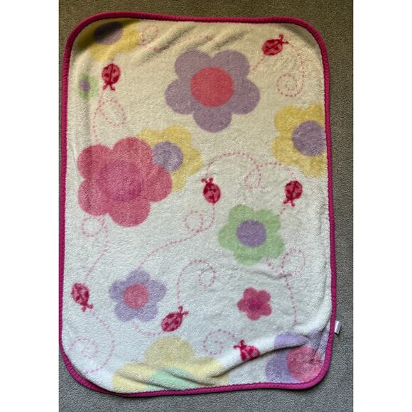 Vintage Baby Connection plush floral ladybug baby blanket - pink - white - 43x30 - Picture 1 of 6
